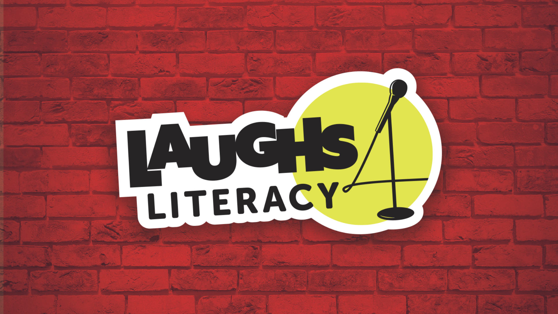 An image of a red brick wall featuring our Laughs4Literacy logo in the middle where the number four is a microphone and stand.