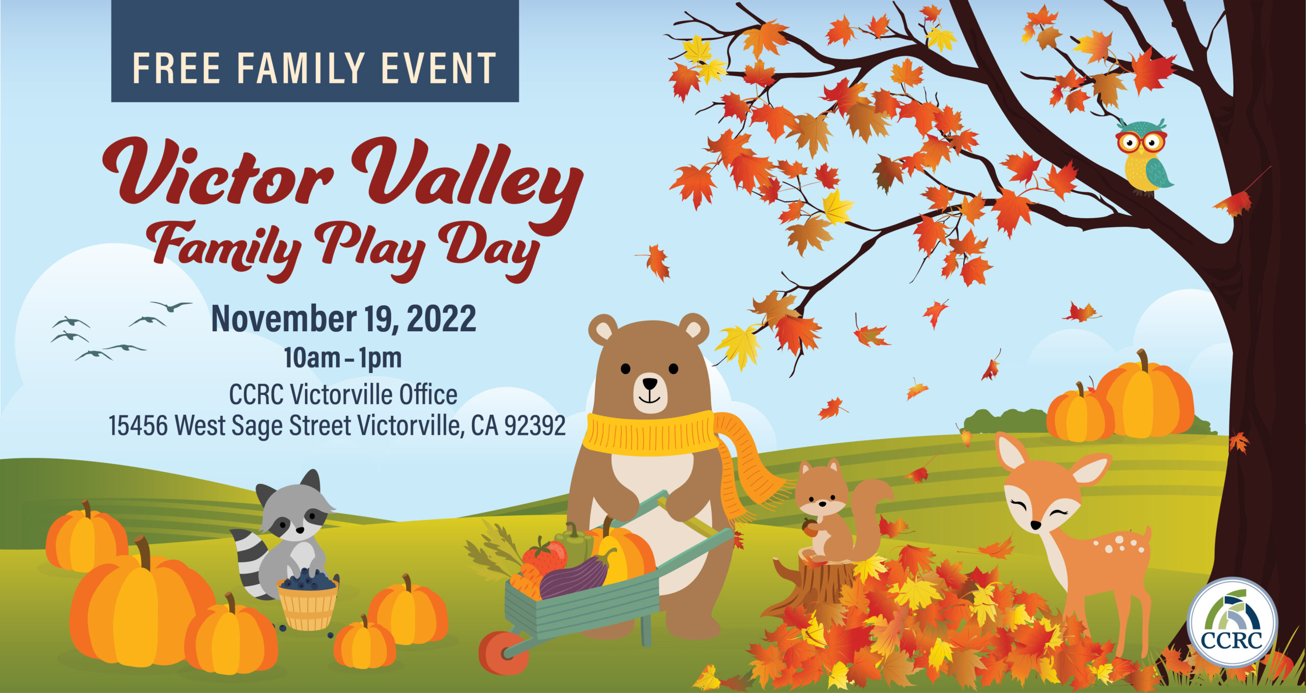 A promotional image for CCRC's Victor Valley Family Play Day taking place November 19, 2022.