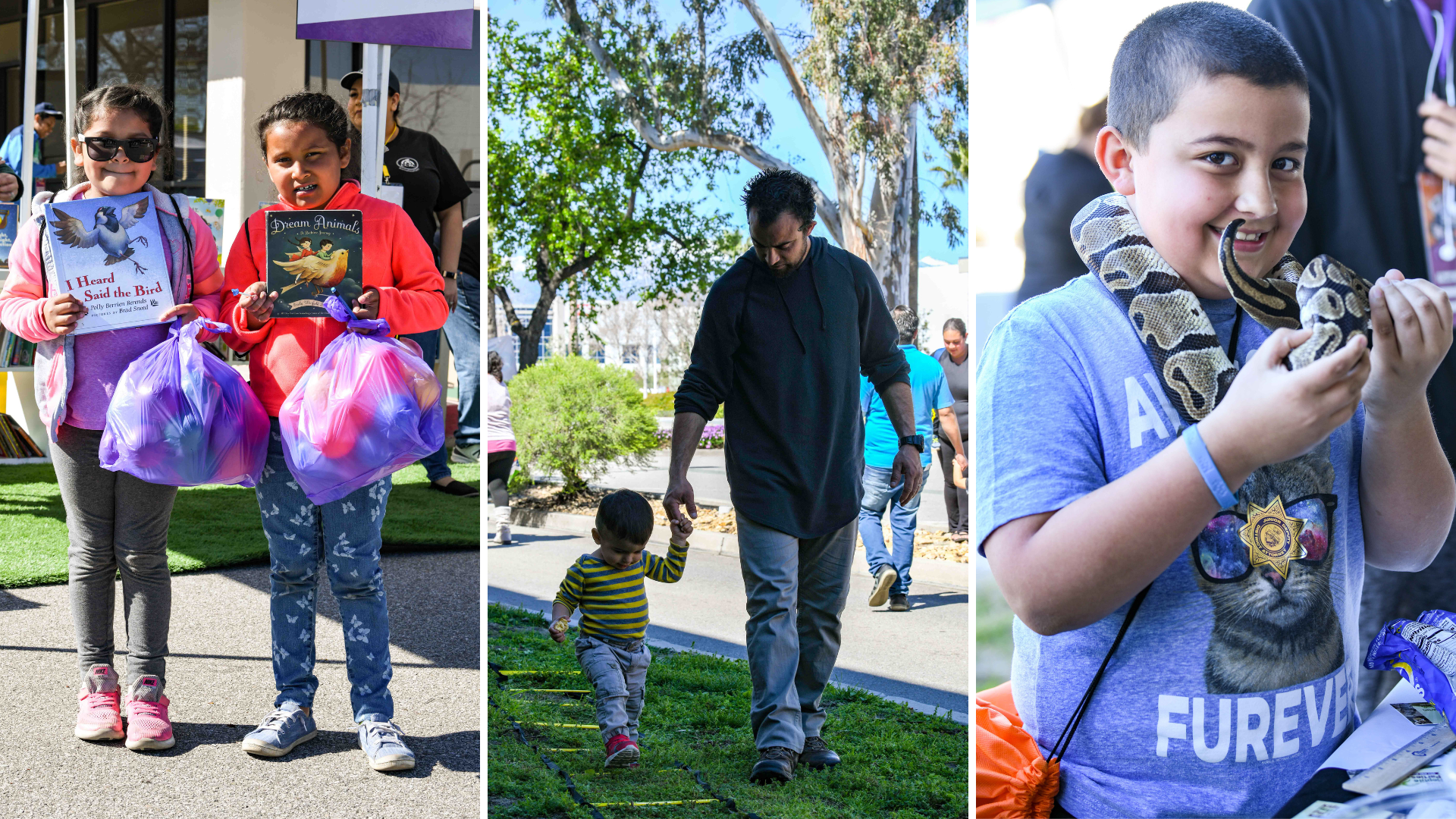 A collage from a previous San Bernardino Family Play Day event featuring two girls each holding out a book [left], a father holding their son’s hand as they walk [center], and a boy holding a snake and smiling at the camera [right]