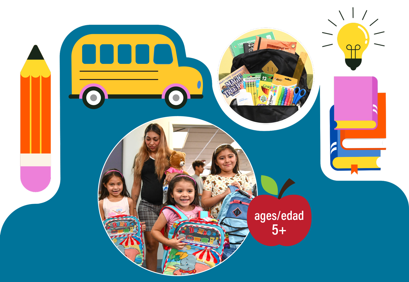 Illustrations of a pencil, school bus, books, and a photo of books