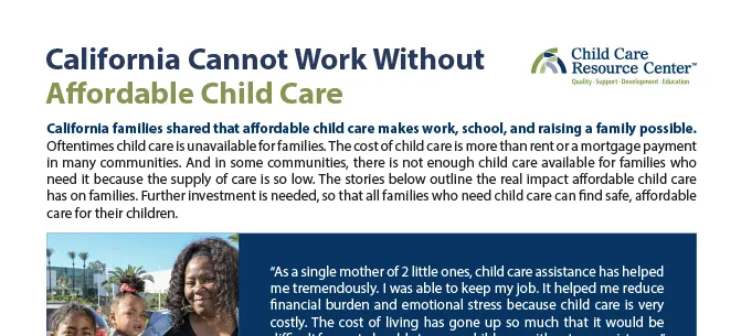 Cover for the California Cannot Work Without Affordable Child Care PDF