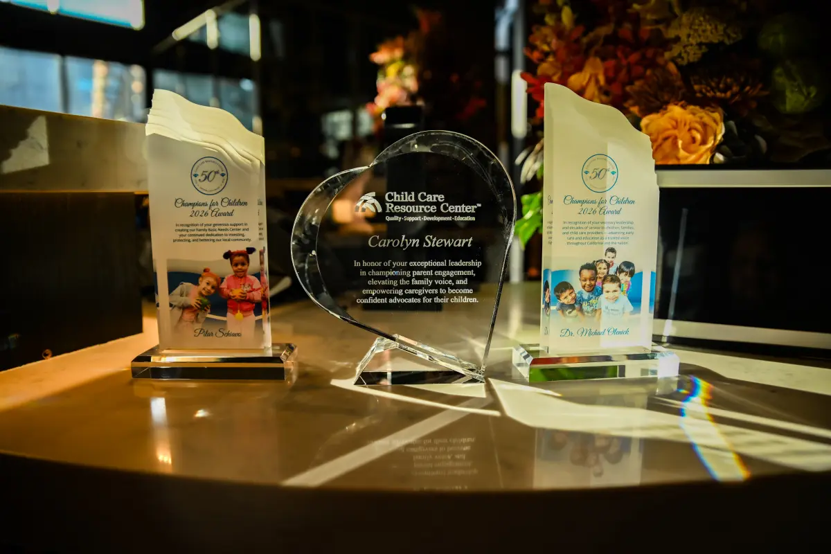 3 awards displayed on a table for Pilar Schiavo, Carolyn Stewart, and Dr. Michael Olenick