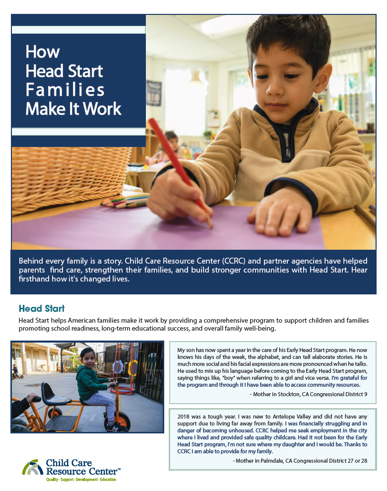 A little boy holds a pencil and is writing with the title of the brief, How Head Start Families Make It Work