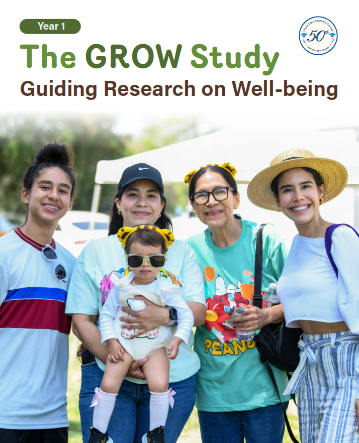 A group of four people and a young child smile and pose together outdoors for a CCRC annual report cover titled “The GROW Study: Guiding Research on Well-being.”