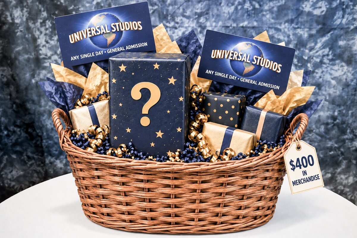 A wicker basket filled with various gifts, including two Universal Studios admission tickets, a large box marked with a question mark, and smaller wrapped presents, sits on a white surface against a textured blue background.